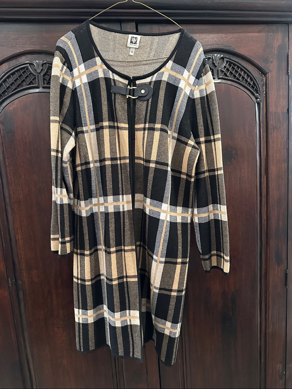 Anne Klein Black, Tan and Cream Plaid Knit Cardigan